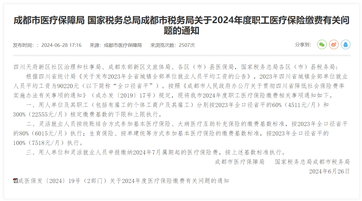 成都最新醫保繳費基數出爐！ 第1張